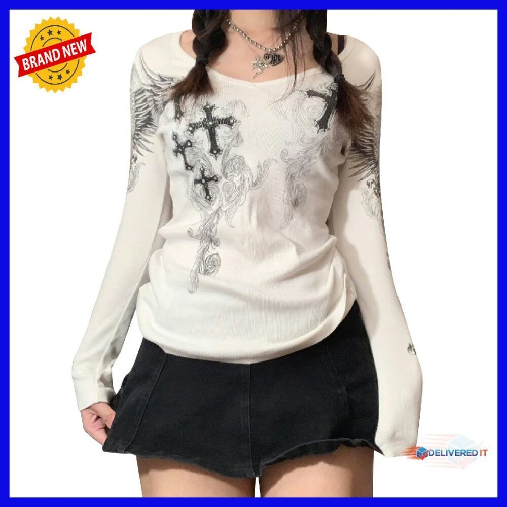 Long Sleeve Fairy Grunge Graphic Tee, 95% Cotton, Slim Fit Crop Top